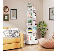Ztexkee Bibliothèque Rotative à 4 Niveaux Étagère Tournante Rotative à 360° avec Déflecteur Étagère à 4 roulettes avec 1 casiers pour Coucher, Salon, Bureau, 40x40x113.5 cm Blanc