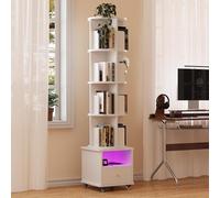 Ztexkee Bibliothèque Rotative à 4 Niveaux Étagère Tournante Rotative à 360° avec Déflecteur Étagère à 4 roulettes avec 1 tiroir et 1 Compartiment pour Coucher, Salon, Bureau, 40x40x168.5 cm Blanc