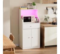 Ztexkee Meuble Micro-Ondes Buffet avec Prise Armoire de Cuisine avec 1 tiroir 1 Grand Casier et Bandeau Lumineux LED Meuble Buffet 60x40x123cm pour Salle à Manger, Cuisine, Salon Blanc