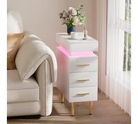 Ztexkee Table de Chevet étroite avec Prise et Barre Lumineuse LED Table d'appoint étroite avec Pieds Table de Nuit avec 3 tiroirs et 1 Compartiment Coulissant pour Chambre à Coucher, Salon Blanc