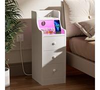 Ztexkee Table de Chevet étroite avec Prise et Barre Lumineuse LED Table d'appoint étroite Table de Nuit avec 3 tiroirs et 2 Compartiments de Rangement pour Chambre à Coucher, Salon Blanc