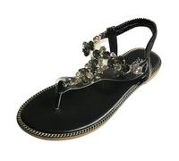 ZTFYKLIN Chaussures D'Été Femme Confort Femmes Plates Strass String Sandales Plage Plat Été Décontracté (Black, 37) Black Low Heels For Women Chaussure De Transparente Or Beige Shoes D Ete