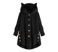 ZTFYKLIN Manteau En Velours Pour Femme, Capuche Avec Oreilles De Chat, Patchwork Solide, Boutons, Automne-Hiver, Peluche Plaid Couverture Polaire (Black, Xxl) Manteaux Femme Grande Taille