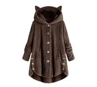 ZTFYKLIN Manteau En Velours Pour Femme, Capuche Avec Oreilles De Chat, Patchwork Solide, Boutons, Automne-Hiver, Peluche Plaid Couverture Polaire (Coffee, Xxxl) Femme Hiver Chaud Manteaux
