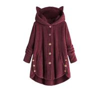 ZTFYKLIN Manteau En Velours Pour Femme, Capuche Avec Oreilles De Chat, Patchwork Solide, Boutons, Automne-Hiver, Peluche Plaid Couverture Polaire (Wine, M) Femme Chaud Hiver Gris Long Noir Veste
