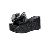 ZTFYKLIN Sandales Femme Étalon Confortable Pantoufles À Talon Compensé Avec Nœud Pour Femmes, Édition Coréenne Printemps/Été, Bouche De Poisson Surélevées L'Extérieur (Black, 35) Chausson