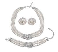 Zthread Parure de bijoux de mariage vintage avec perles, collier multicouche, boucles d'oreilles, bracelet pour mariée, accessoires de mode pour femme élégante, 3-Piece, Cristal, Cristal