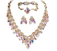 Zthread Parure de bijoux de mariée avec strass, 4 pièces, collier, boucles d'oreilles, bracelet, bague, motif floral, One Sine, Cristal, Cristal