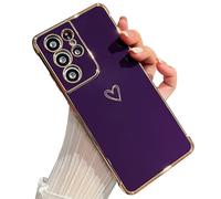 ZTOFERA Compatible avec Samsung Galaxy S21 Ultra 5G (6,8") pour filles et femmes, coque de protection en silicone souple avec joli motif cœur plaqué bordure anti-choc, violet foncé