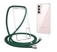ZTOFERA Compatible avec Samsung Galaxy S22 Coque avec Cordon de Collier, Transparente Coque Arrière en PC Dur+Bumper Souple, Étui à Bandoulière Réglable Lanyard Case Chaîne Lanière Housse, Vert Foncé