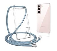 ZTOFERA Compatible avec Samsung Galaxy S22 Coque avec Cordon de Collier, Transparente Coque Arrière en PC Dur + Bumper Souple, Étui à Bandoulière Réglable Lanyard Case Chaîne Lanière Housse, Gris-Bleu