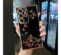 ZTOFERA Coque pour Samsung S24 Ultra 5G, Coque à Motif Papillon avec Bordure Dorée Êlectrolytique, Revêtement Souple en TPU Antichoc pour Samsung Galaxy S24 Ultra - Noir
