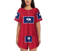 ZTPOWQA Ensemble de pyjama à manches courtes pour femme avec imprimé drapeau de l'État du Wyoming, vêtements de détente pour l'été, vêtements de nuit décontractés, vêtements d'intérieur, Noir , S