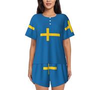 ZTPOWQA Ensemble de pyjama à manches courtes pour femme avec imprimé drapeau suédois, vêtements de nuit d'été, vêtements de nuit décontractés, Noir , M
