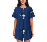 ZTPOWQA Ensemble de pyjama à manches courtes pour femme, imprimé drapeau de la Caroline du Sud, vêtements de détente pour l'été, vêtements de nuit décontractés, vêtements d'intérieur, Noir , S