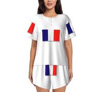 ZTPOWQA Ensemble de pyjama à manches courtes pour femme, imprimé drapeau français, vêtements de nuit d'été, vêtements de nuit décontractés pour la maison, Noir , XL