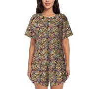 ZTPOWQA Ensemble de pyjama à manches courtes pour femme, motif floral, cercles ethniques, vêtements de détente pour l'été, vêtements de nuit décontractés, vêtements de maison, Noir , XXL