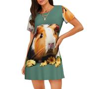 ZTPOWQA Robe de pyjama légère à imprimé de cochon d'Inde avec motif floral, silhouette élégante, chemise de nuit personnelle, cadeau idéal, Noir , 3XL