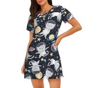 ZTPOWQA Robe pyjama légère avec imprimé chat astronaute, silhouette élégante, chemise de nuit, cadeau idéal, Noir , 3XL