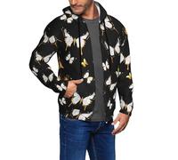 ZTPOWQA Sweat à capuche doré et blanc avec imprimé papillons noirs pour hommes, veste décontractée en plein air, gym, voyage, course à pied, bureau, Noir , S