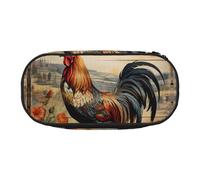 ZTPOWQA Trousse à crayons fonctionnelle avec motif coq sur bois dans les terres agricoles, pour l'école, les voyages, le bureau, Noir , Taille unique, Organiseur de sac