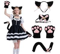 ZTVOWTO Chat Cosplay Set avec des Gants de Patte de Chat, Bandeau D’oreilles de Chat, Queue de Chat, Nœud Papillon, Déguisement Chat pour Halloween, Fêtes D’anniversaire(Noir)