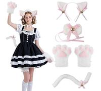 ZTVOWTO Chat Cosplay Set avec des Gants de Patte de Chat, Bandeau D’oreilles de Chat, Queue de Chat, Nœud Papillon, Déguisement Chat pour Halloween, Fêtes D’anniversaire(Blanc)