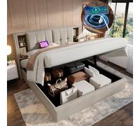 Zubaliya Lit 140x200 avec sommier à Lattes avec Recharge et sans Fil USB C, Cadre de lit 2 Personnes rembourré 140x200,lit Coffre Adulte,avec Espace de Rangement,Bois,Lin Naturel(sans Matelas)