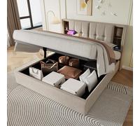 Zubaliya Lit 180x200 avec sommier à Lattes avec Recharge et sans Fil USB C, Cadre de lit 2 Personnes rembourré 180x200,lit Coffre Adulte,avec Espace de Rangement,Bois,Lin Naturel(sans Matelas)
