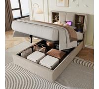 Zubaliya Lit 90x200 avec sommier à Lattes avec Recharge et sans Fil USB C, Cadre de lit 1 Personne rembourré 90x200,lit Coffre Adulte,avec Espace de Rangement,Bois,Lin Naturel(sans Matelas)