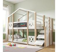 Zubaliya Lit cabane Enfants 90 x 200 cm avec échelle de Rangement et Protection antichute,Cadre de lit superposé Enfant avec sommiers à Lattes,Naturel+Blanc (C)
