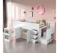 Zubaliya Lit cabane Enfants 90x200 avec Bureau Coulissant,lit superposé Enfant 90x200 avec Placard,lit Mezzanine 1 Place Enfant avec tiroir et Compartiment de Rangement latéral,MDF,Blanc