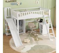 Zubaliya Lit cabane Enfants 90x200cm,lit Mezzanine 1 Place avec Bureau et Armoire,Cadre de Lit superposé Enfant avec Toboggan et barrière de sécurité,pin+MDF+contreplaqué,Blanc (A)