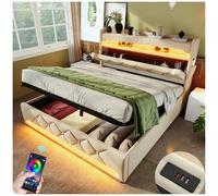 Zubaliya Lit Coffre 160x200 cm avec éclairage LED,Chargement USB & Type C et Rangement hydraulique,tête de lit avec Rangement,Cadre de lit 160x200 avec sommier à Lattes,Lin (Beige)