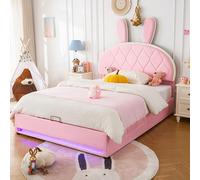 Zubaliya Lit Double tapissé 140x200cm, tête de lit réglable en Cuir de Lapin, avec sommier à Lattes métalliques, avec Coffre hydraulique, Velours, Rose (Matelas Non Inclus)