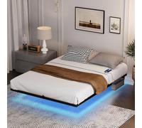 Zubaliya Lit flottant en métal 160 x 200 cm avec éclairage LED, sommier à lattes en métal, cadre de lit flottant stable et robuste, lit d'adolescent lumineux, montage facile, noir