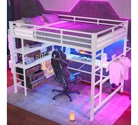 Zubaliya Lit Mezzanine 1 Place 140x200cm avec éclairage LED, Bureau, Prise + USB, 3 tiroirs,étagères et Tringle à vêtements,lit cabane Enfants 140x200,Lit superposé Enfant,sans Matelas,Blanc