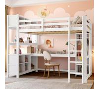 Zubaliya Lit mezzanine, 140 x 200 cm, étagères, plusieurs compartiments de rangement, bureau, armoire, sans matelas, blanc