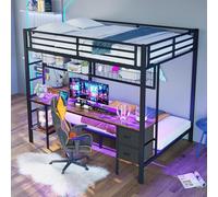 Zubaliya Lit Mezzanine 2 Places en Fer 90/140x200cm avec Bande LED et Port USB,Lit superposé Enfant avec Bureau,tiroirs et Grille pour Suspendre des Objets,Cadre de lit Enfant/juvenil 90/140x200,Noir