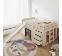 Zubaliya Lit mi Hauteur 140 x 200 cm avec Toboggan, Trois tiroirs et Deux Portes,lit Enfant 140 x 200,Cadre de lit Mezzanine 1 Place,crème (M)