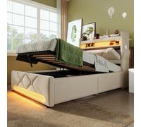 Zubaliya Lit rembourré, tête de lit avec Rangement et Ports USB et Type C, lumières LED en tête et Pied de lit, Rangement hydraulique, Linge de Maison (Matelas Non Inclus) (Beige,90×200cm)