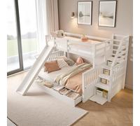 Zubaliya Lit superposé Enfant 90/140x200cm avec Toboggan,tiroirs et Échelle de Rangement,lit cabane Enfants,Cadre de lit Enfant avec Garde-Corps et sommier à Lattes,Blanc