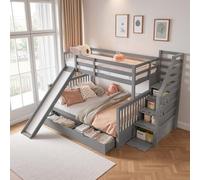 Zubaliya Lit superposé Enfant 90/140x200cm avec Toboggan,tiroirs et Échelle de Rangement,lit cabane Enfants,Cadre de lit Enfant avec Garde-Corps et sommier à Lattes,Gris