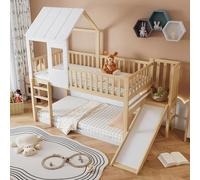 Zubaliya Lit superposé Enfant 90x200 cm,lit cabane Enfants 90x200 cm,lit Mezzanine 2 Places avec échelle rectangulaire et Toboggan,avec barrière,Cadre en pin