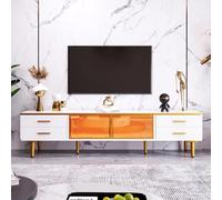 Zubaliya Meuble TV Aspect marbre, Meuble TV avec 4 Pieds, 4 tiroirs structurés avec poignées dorées et Deux Portes en Verre trempé Marron, pour Salon, 170 * 37 * 47,5cm.