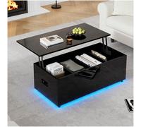 Zubaliya Table Basse Moderne Blanche Brillante avec éclairage LED et Espace de Rangement caché,Table Basse relevable avec élévateur hydraulique,100 * 50 * 35 cm (Noir)