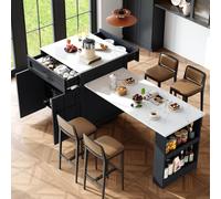 Zubaliya Table de Bar Extensible avec Espace de Rangement (133-202 × 70 × 93,5 cm), avec Deux tiroirs et Quatre Compartiments, pour 2 à 6 Personnes, Chariot de Cuisine avec étagères latérales, Noir