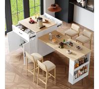 Zubaliya Table de Bar Extensible avec Espace de Rangement (133-202 × 70 × 93,5 cm), avec Deux tiroirs et Quatre Compartiments, pour 2 à 6 Personnes, Chariot de Cuisine avec étagères latérales, Blanc