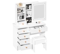 Zucebos Small Makeup Vanity Desk avec Miroir éclairé Coulissant, Table de vanité des lumières LED à 3 Couleurs, tiroir Rangement, Chaise, étagères Ouvertes/cachées, Maquillage Blanc pour BL