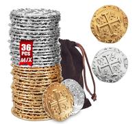 ZUCOS Accessoires de pièces de monnaie pirates - En métal doré - Dublons pour jeux de société DND - Cosplay réaliste médiévale - Imitation d'argent - Trésor de pirate (or et argent, 36 pièces, grand)